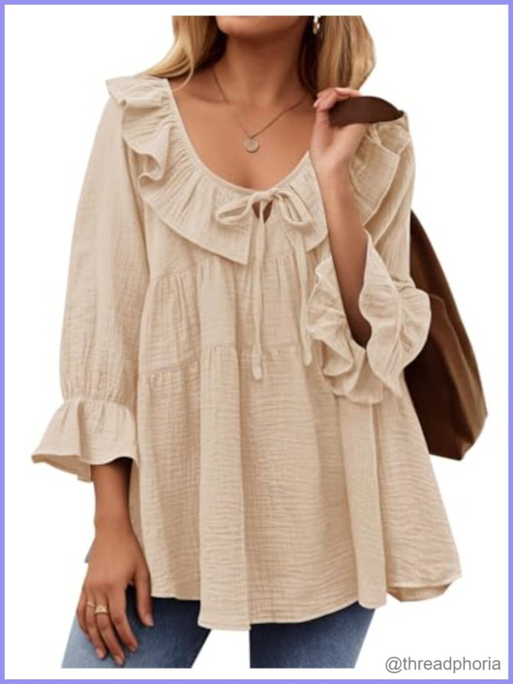 3/4 Sleeve Boho Tunic Top Puff Sleeve Tie Front Cute
